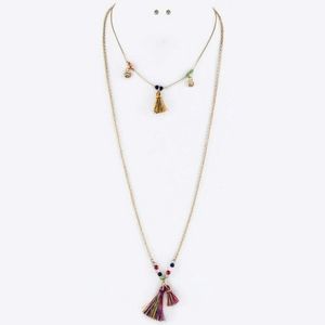 NahMu Beaded Tassel Layer Necklace & Earring Set Multicolor Gold